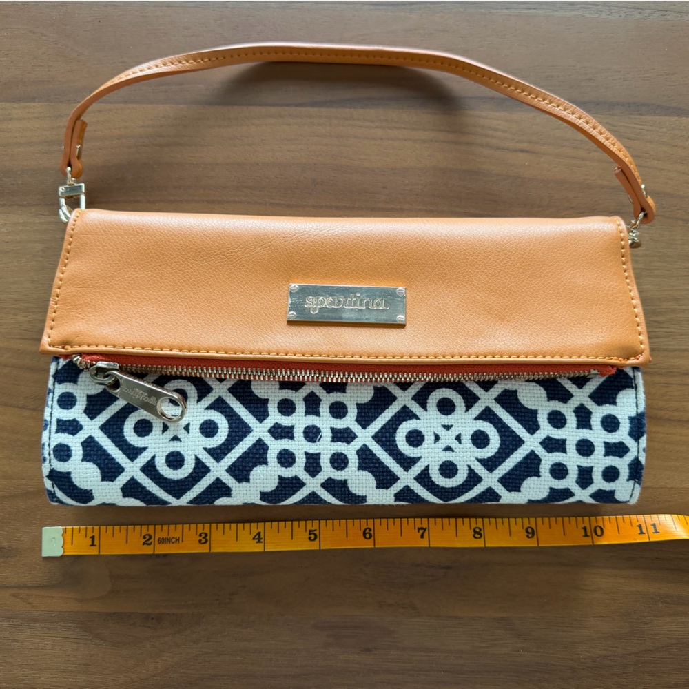 Spartina 449 Orange and Blue Women's Clutch Bag. Linen and Leather. 11” x 5”.